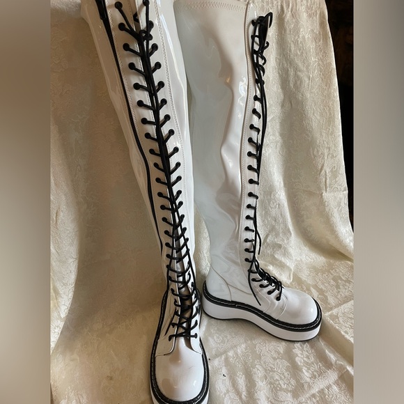 Demonia Black and White Lace Up Boots - Picture 2 of 7